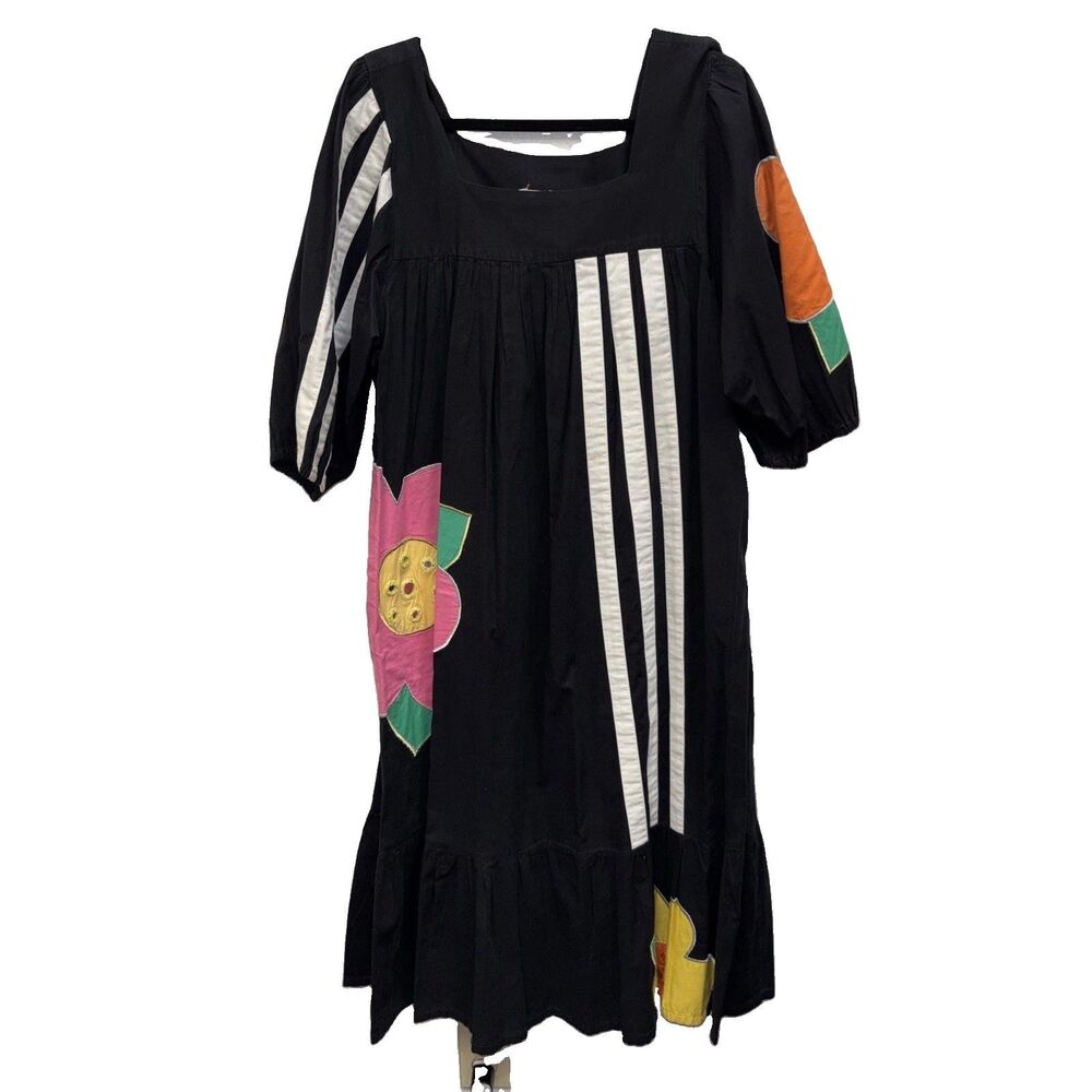 Ramona Rull Kaftan Dress Black Cotton Floral Art Deco Vintage Mirrored L Pockets